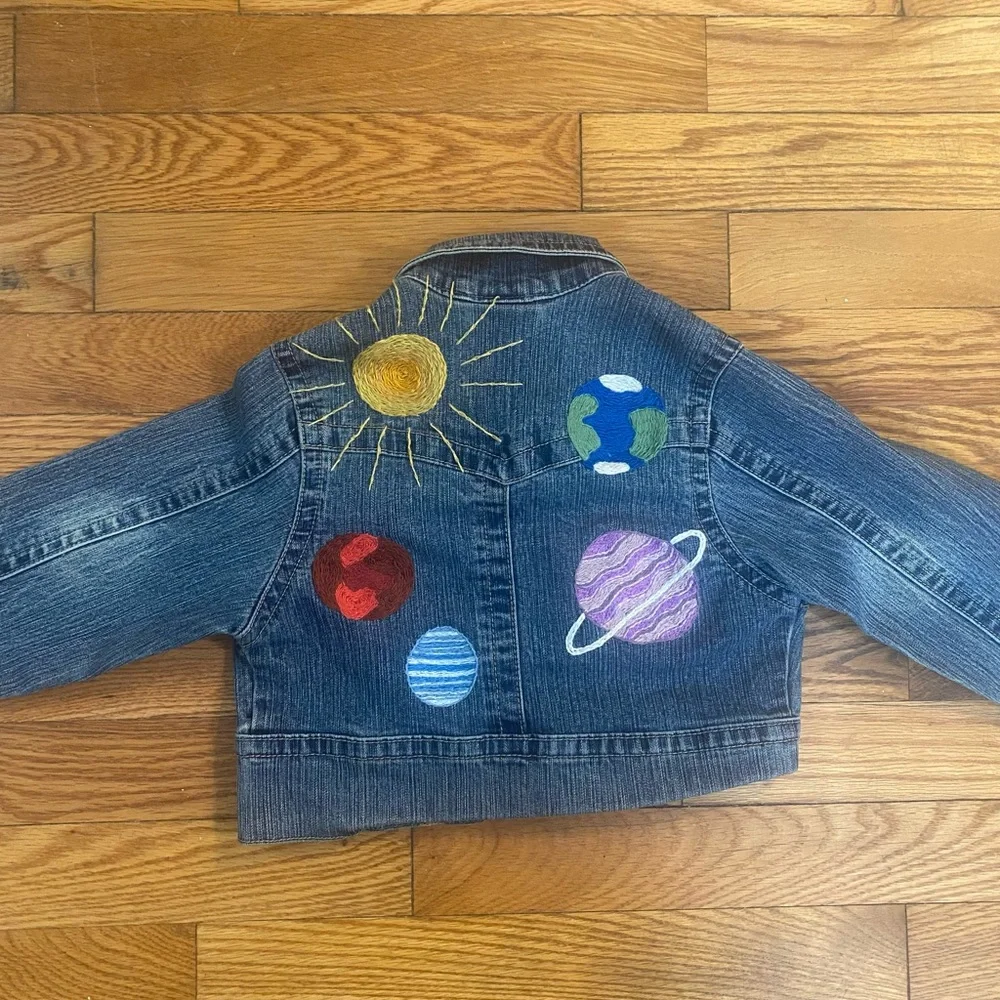 Custom Hand Embroidered Girls Denim‎ Jean Jacket w/Colorful Sun, Planets & Stars - Picture 3 of 14